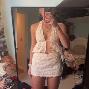 Crochet Halter Two-Piece Mini Set - Cream